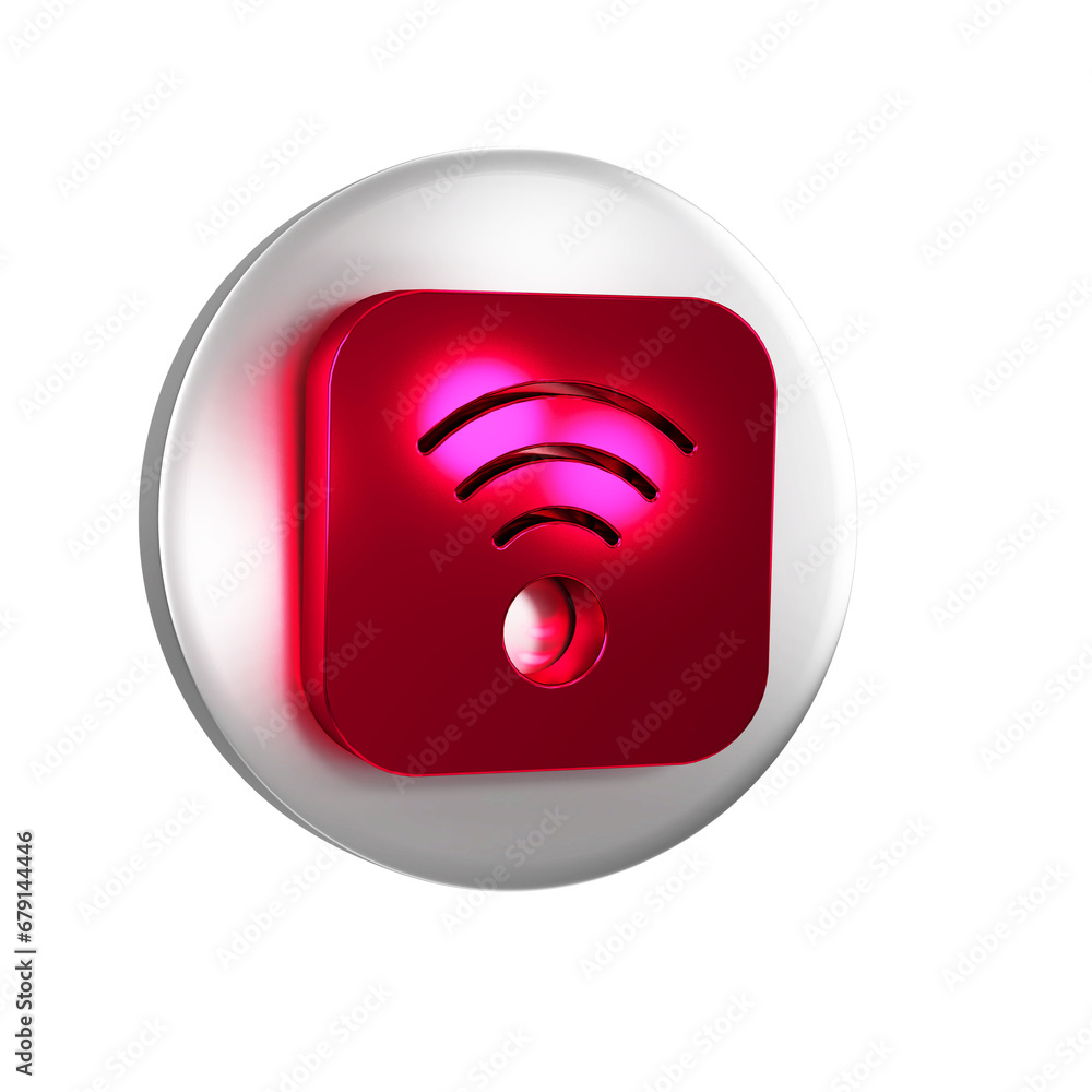 Poster red wi-fi wireless internet network symbol icon isolated on transparent background. silver circle bu