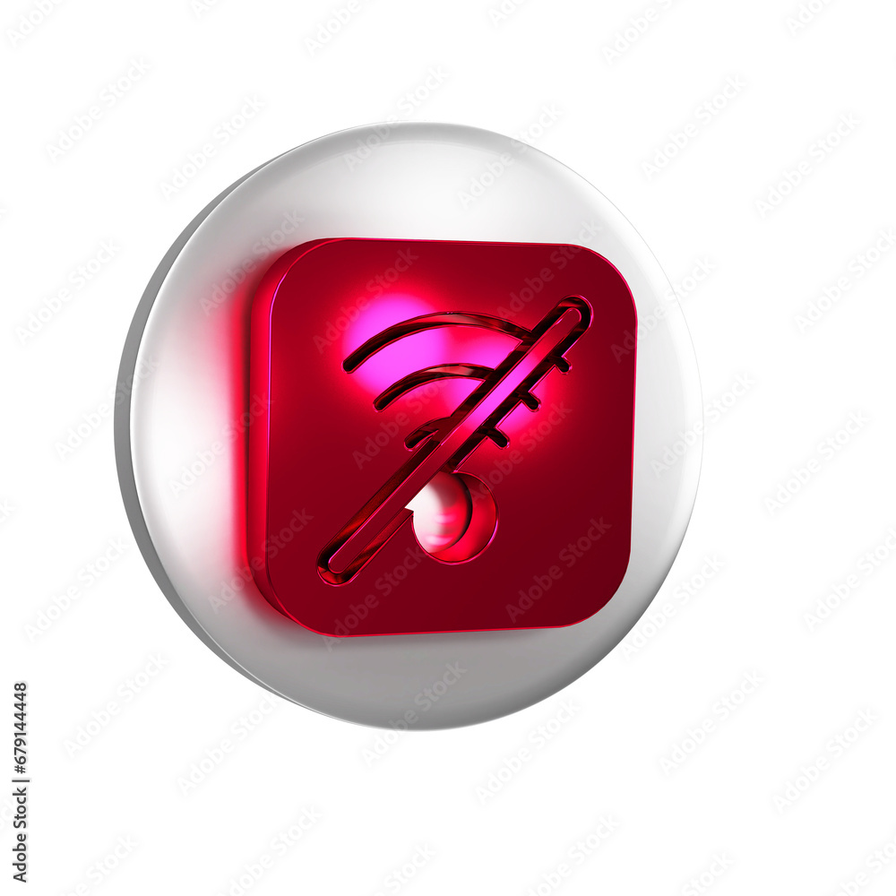 Poster red no wi-fi wireless internet network symbol icon isolated on transparent background. silver circle
