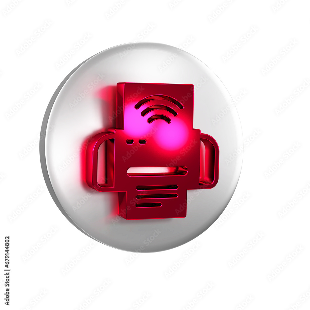 Poster red smart printer system icon isolated on transparent background. internet of things concept with wi