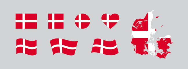 Denmark flag set and map. Silhouette and national emblems of a European country. Isolated vector