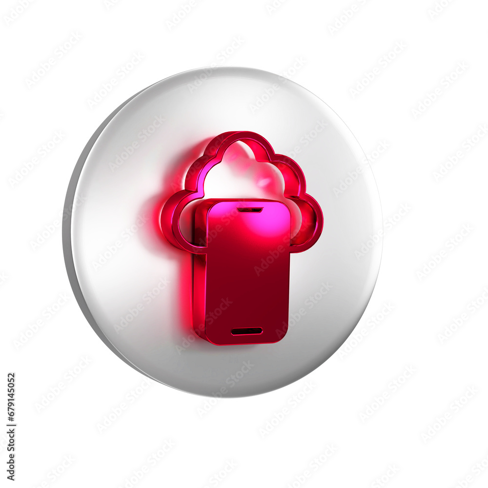 Poster red cloud technology data transfer and storage icon isolated on transparent background. silver circl