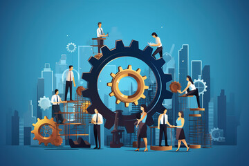 A string and gear illustration design of business process and business team working concept - obrazy, fototapety, plakaty