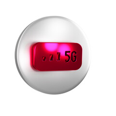 Red 5G new wireless internet wifi connection icon isolated on transparent background. Global network high speed connection data rate technology. Silver circle button.
