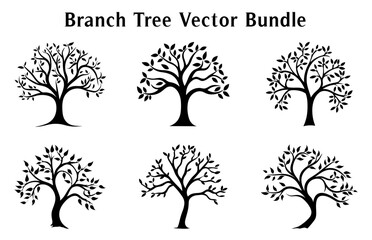 Branch Trees Vector Black Silhouettes, Set of Branch Tree icon clipart isolated on a white background