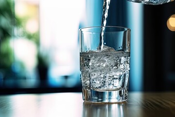 Quenching thirst. Crystal clear drinking water in nature embrace. Refreshing moments. Cool and clean cascading into glass. Pure joy of transparent liquid refreshment
