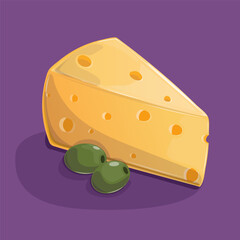 Vector illustration piece of cheese with olives. Cartoon style on white isolated background.