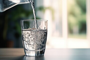 Quenching thirst. Crystal clear drinking water in nature embrace. Refreshing moments. Cool and clean cascading into glass. Pure joy of transparent liquid refreshment