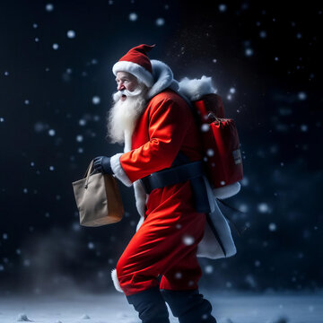 Santa Claus wading through snowdrifts with a sack of presents at night, it's snowing.