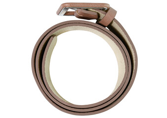 Brown leather belt twisted into a circle isolated on a transparent background.