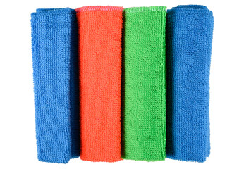 Multi-colored microfiber cloths isolated on a transparent background. Top view.