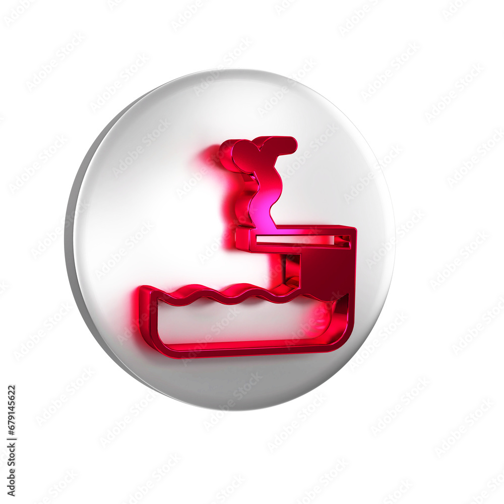 Poster red swimmer diving into pool icon isolated on transparent background. silver circle button.