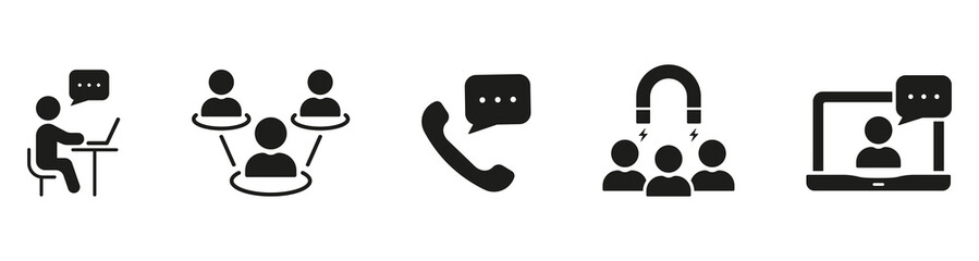 Employee Cooperation Silhouette Icon Set. Participation And Support Symbol Collection. Teamwork On Meeting Glyph Pictogram. Partnership Sign. Isolated Vector Illustration