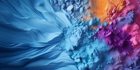 A blue backdrop has strewn colorful powder for shadows. Generative Ai.