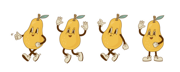 Set of retro cartoon pear characters in different poses and emotion. Smiling fruit mascot on white background. Nostalgia vector illustration.