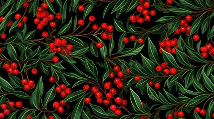 Holly berry Christmas seamless pattern nature background. Winter hollies Leaves berries repeat tile for wallpaper, fashion print, textile, scrapbooking, invitation, card, decoration, festive. © Oksana Smyshliaeva
