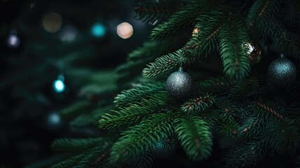 Fototapeta na wymiar Black ornaments decorated Christmas tree background. Merry Christmas, Happy New Year concept. Beautiful festive dark glitter decorations balls and bokeh garland lights..