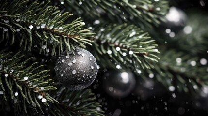 Black ornaments decorated Christmas tree background. Merry Christmas, Happy New Year concept. Beautiful festive dark glitter decorations balls and bokeh garland lights..