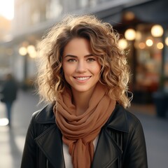 A gorgeous woman smiling at the outside. Generative Ai.