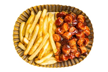 German currywurst with french fry served in a steel plate.  Transparent background. Isolated.