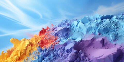 A blue backdrop has strewn colorful powder for shadows. Generative Ai. - obrazy, fototapety, plakaty