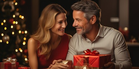 Obraz na płótnie Canvas European couple smiling and holding a wrapped Christmas present. Generative Ai.