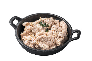 Cod liver Spread with oil in a skillet. Transparent background. Isolated.