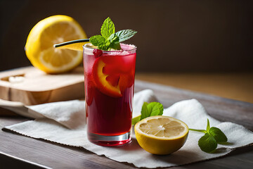 Refreshing Fruity Summer Drink on Table with Lemon and Mint