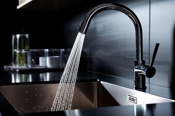 Chrome steel faucet with water flow in the kitchen.