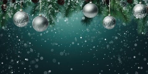 Christmas background with silver balls, christmas tree branches and snowflakes. Holiday concept for banner, greeting card, invitation.
