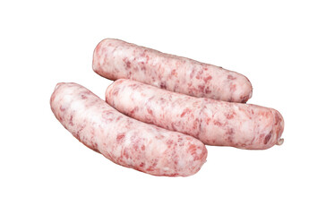 Fresh Raw Bratwurst meat sausages ready for cooking on wooden board.  Transparent background. Isolated.