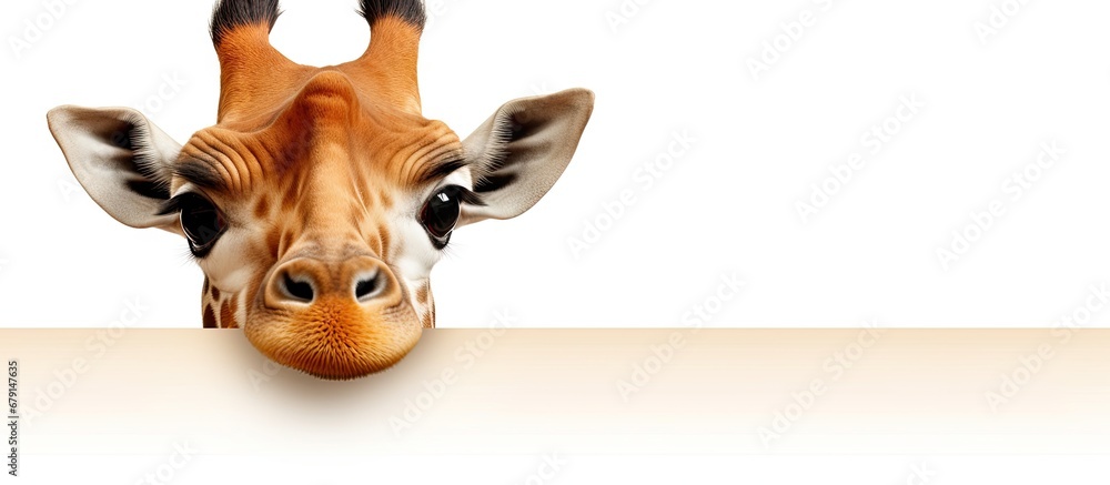 Poster funny looking giraffe head isolated on white background copy space image place for adding text or de