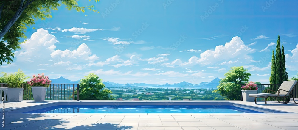 Canvas Prints Gorgeous home with veranda view of pool on a sunny day Copy space image Place for adding text or design