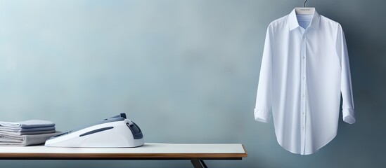 Iron clothes on ironing board Copy space image Place for adding text or design - obrazy, fototapety, plakaty