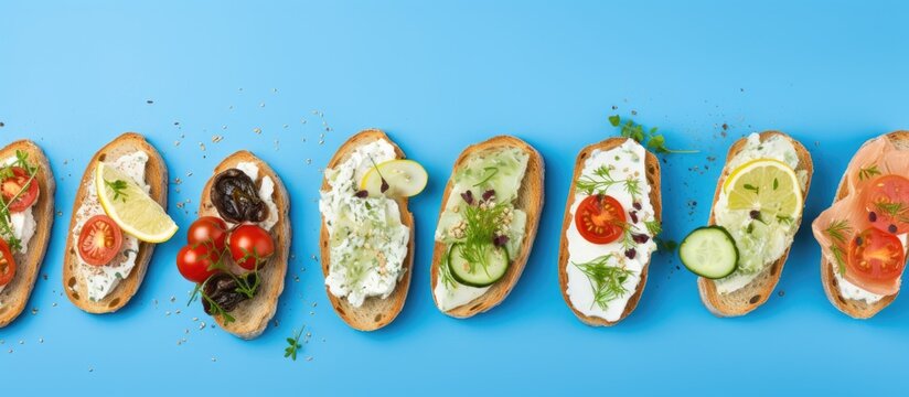 Healthy eating concept variety of open faced sandwiches on rye bread with cream cheese ricotta cherry tomatoes red pepper cucumber slices and dry herbs Copy space image Place for adding text or