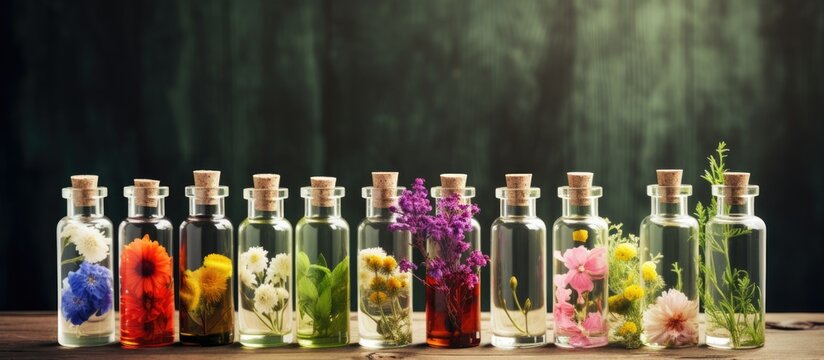 Homeopathy medicine with healing herbs and flowers in bottles Copy space image Place for adding text or design