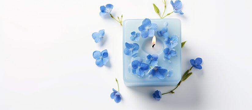 High quality photo of blue soy wax bubble cube candle with flowers Isolated on white background Copy space image Place for adding text or design