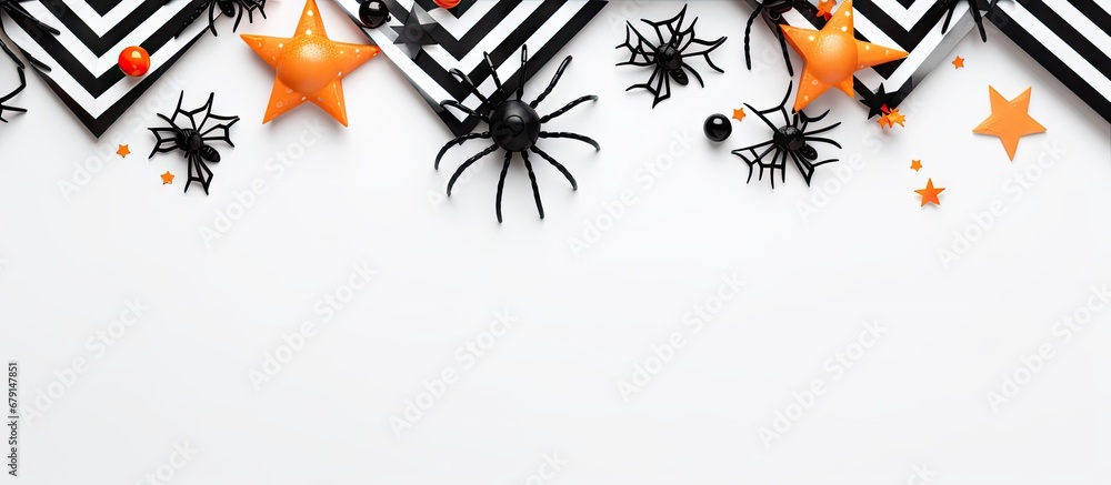 Poster halloween decorations featuring striped straws with paper bats confetti spiders on white background 