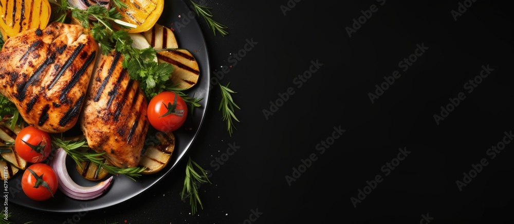 Poster grilled chicken and veggies on dark background bird s eye view copy space image place for adding tex