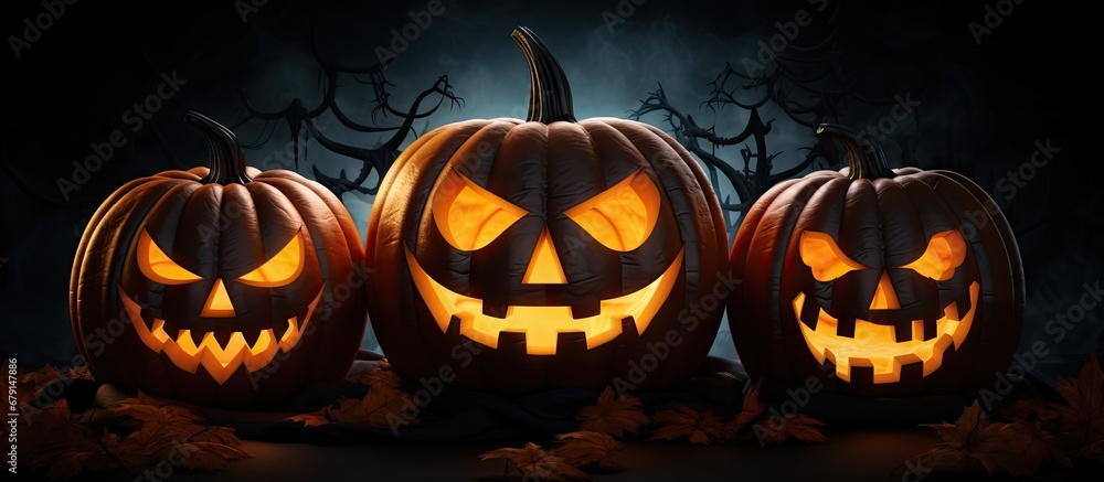 Poster glowing halloween faces trick or treating on black copy space image place for adding text or design