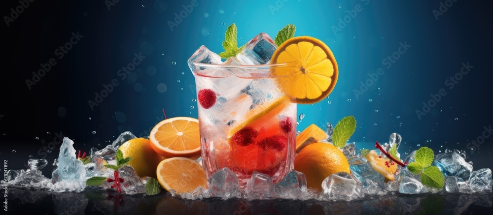 Poster fruit topped chilled beverage with ice copy space image place for adding text or design