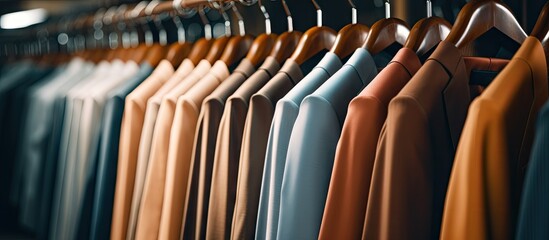 High end suits neatly displayed in a row in a large quantity inside the upscale suit store Copy space image Place for adding text or design