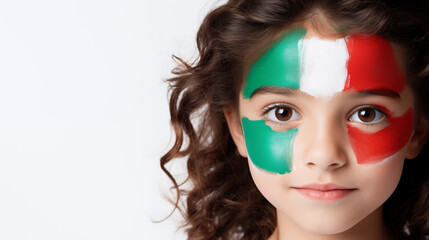 Portrait of Italian little girl with her face painted in Italy flag colors, isolated on white background, banner with copyspace