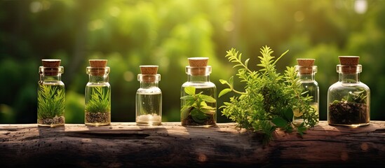 Herbal medicine healing herbs in glass bottles on a wooden stump Copy space image Place for adding text or design