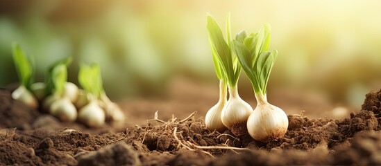 Freshly harvested organic garlic with roots collected in a garden Copy space image Place for adding text or design