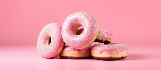 Healthy lifestyle concept with dumbbell donuts and pink background Copy space image Place for adding text or design - obrazy, fototapety, plakaty