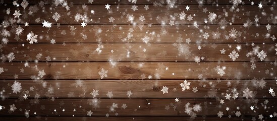Holiday backdrop featuring brown wooden texture adorned with snowy white stars Copy space image Place for adding text or design