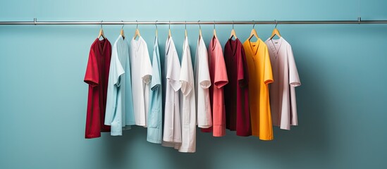 Hospital uniform for patients hanging on clothes rack used for hygiene purposes Copy space image Place for adding text or design