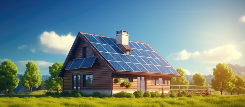 Historic farm house with high quality solar panels on roof and wall Copy space image Place for adding text or design
