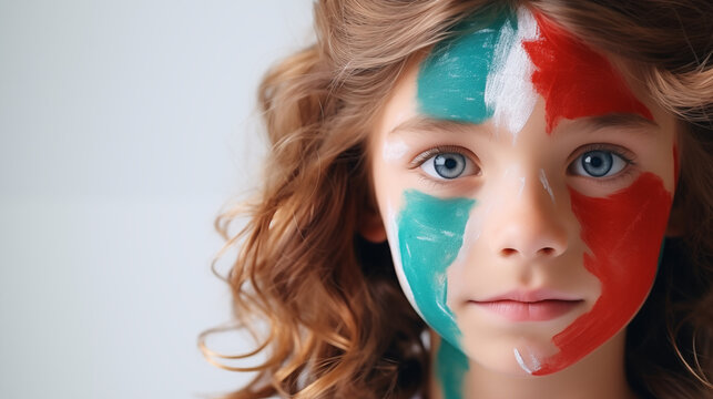 Portrait of blue eyed girl with painted flag of Italy on her face, closeup shot, isolated on white background, banner with copyspace