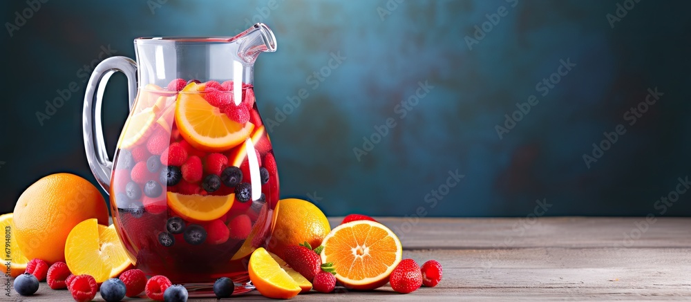 Poster fruity sangria with summer berries in a pitcher copy space image place for adding text or design